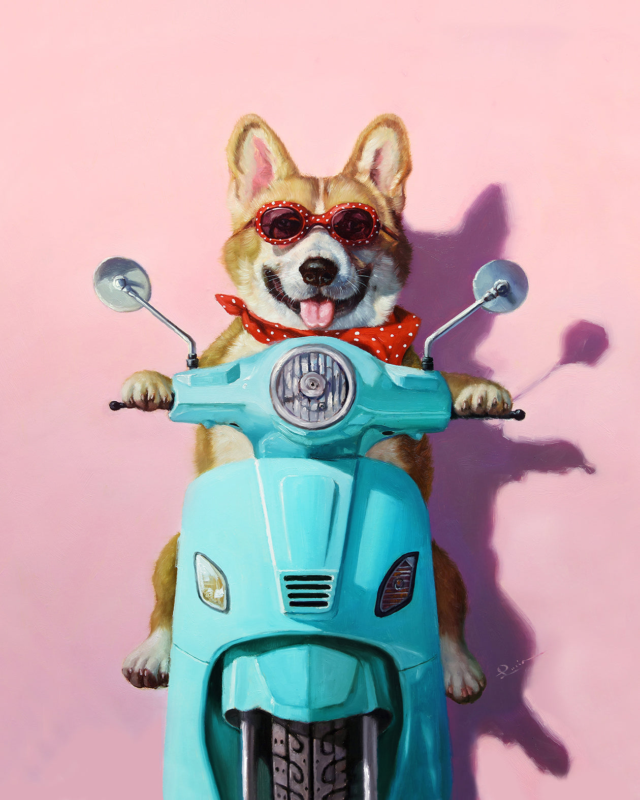 A painted-style portrait of a corgi dog riding a turquoise scooter against a pink background. The dog wears red glittery sunglasses and a red polka-dot neckerchief, with its shadow cast to the right.