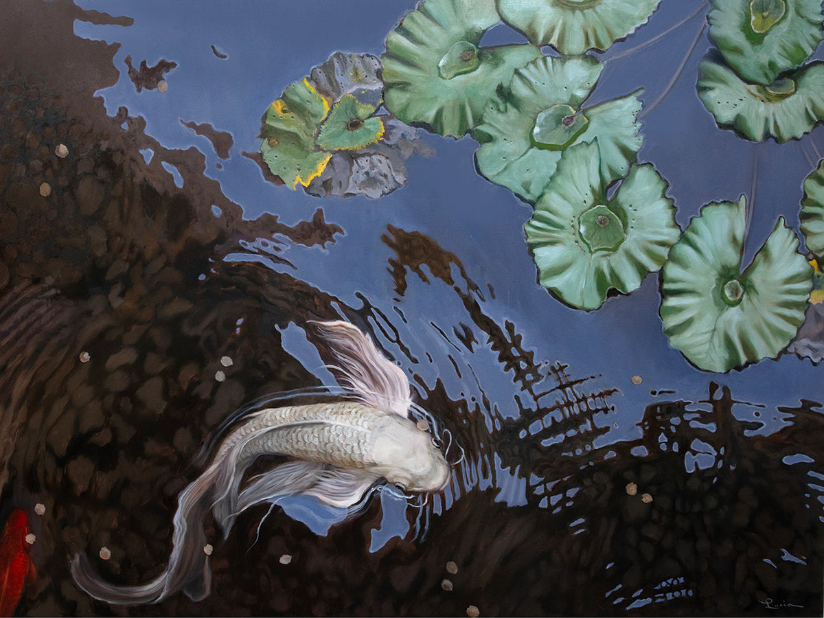 A painting of a pond scene with a white koi fish swimming beneath green lily pads and dark reflective water.