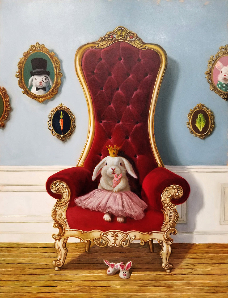 A whimsical painting of a white rabbit wearing a pink tutu and small gold crown, seated in an ornate red velvet and gold throne chair against a light blue wall with framed portraits.