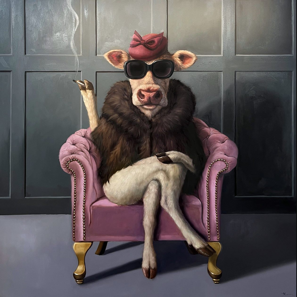 A stylized portrait of a cow dressed in a pink hat with a bow, black sunglasses, a dark fur collar, and a light-colored body, reclining in a pink armchair with gold legs against a dark paneled wall.